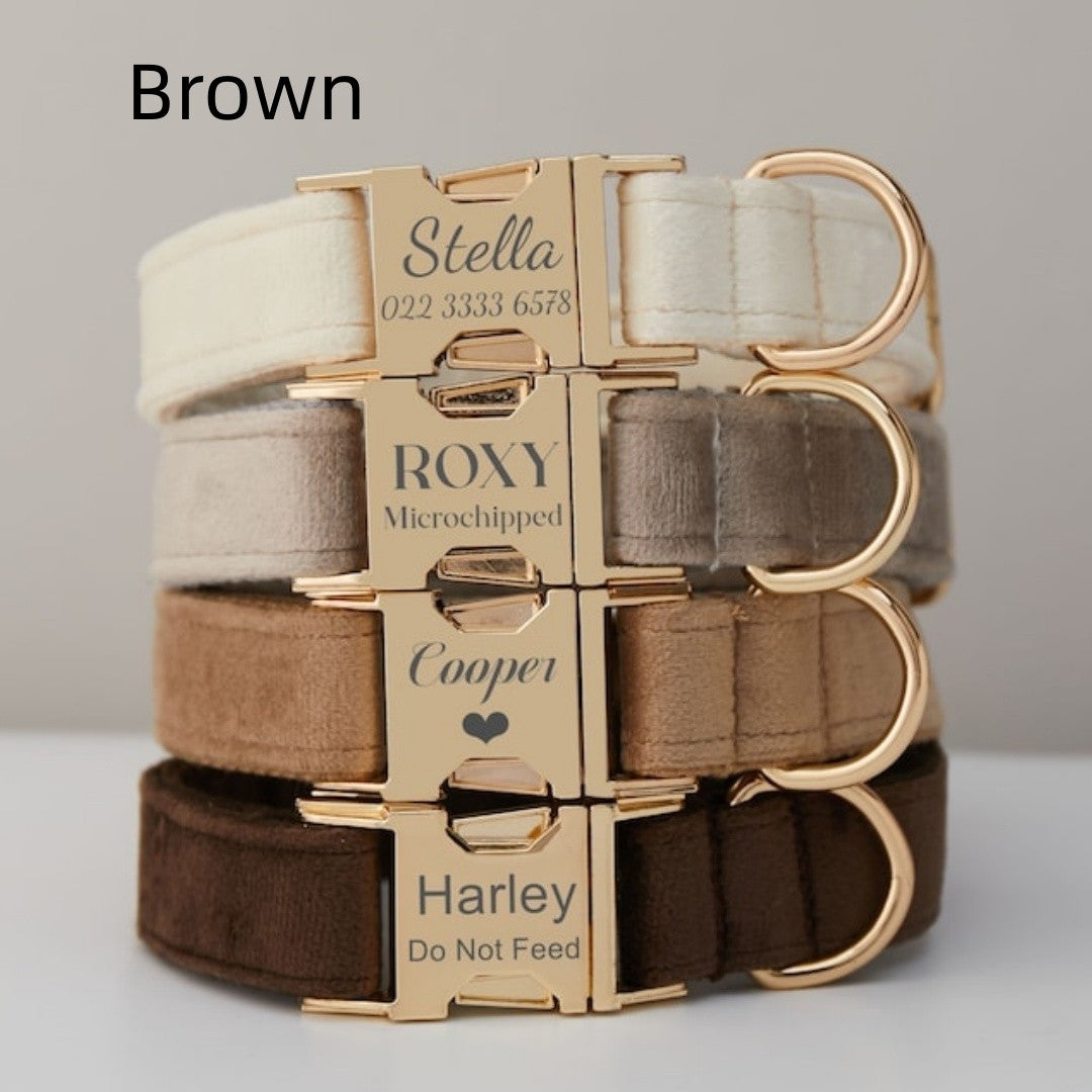 Multiple Colour Velvet Personalise Dog Collar Leash Set With Bow - Elorapets Elorapets Brown / XS j4e0kn-zs 0 Multiple Colour Velvet Personalise Dog Collar Leash Set With Bow